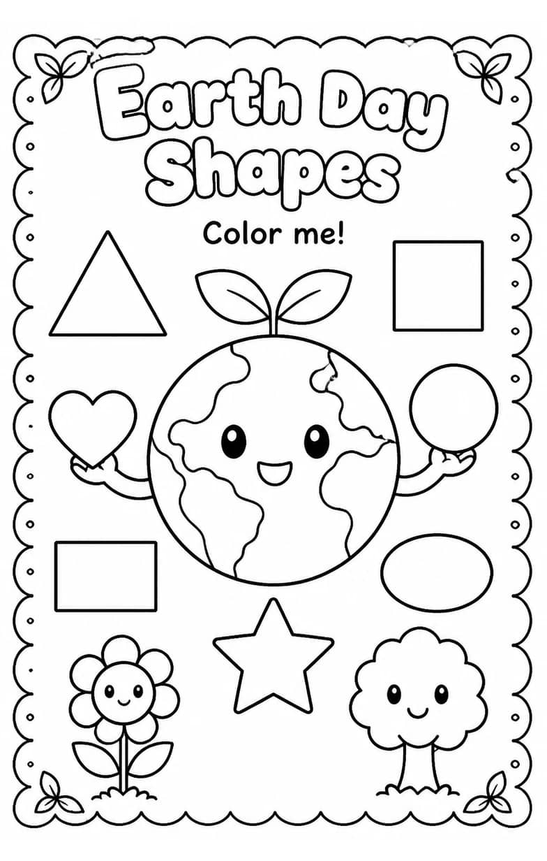 Earth Day Shapes Coloring Page — free printable Kindergarten Math worksheet