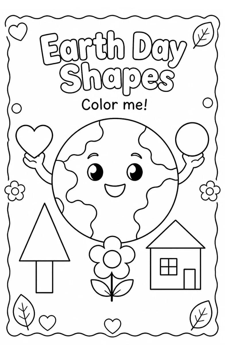 Earth Day Shapes Coloring Page — free printable Pre-K Math worksheet