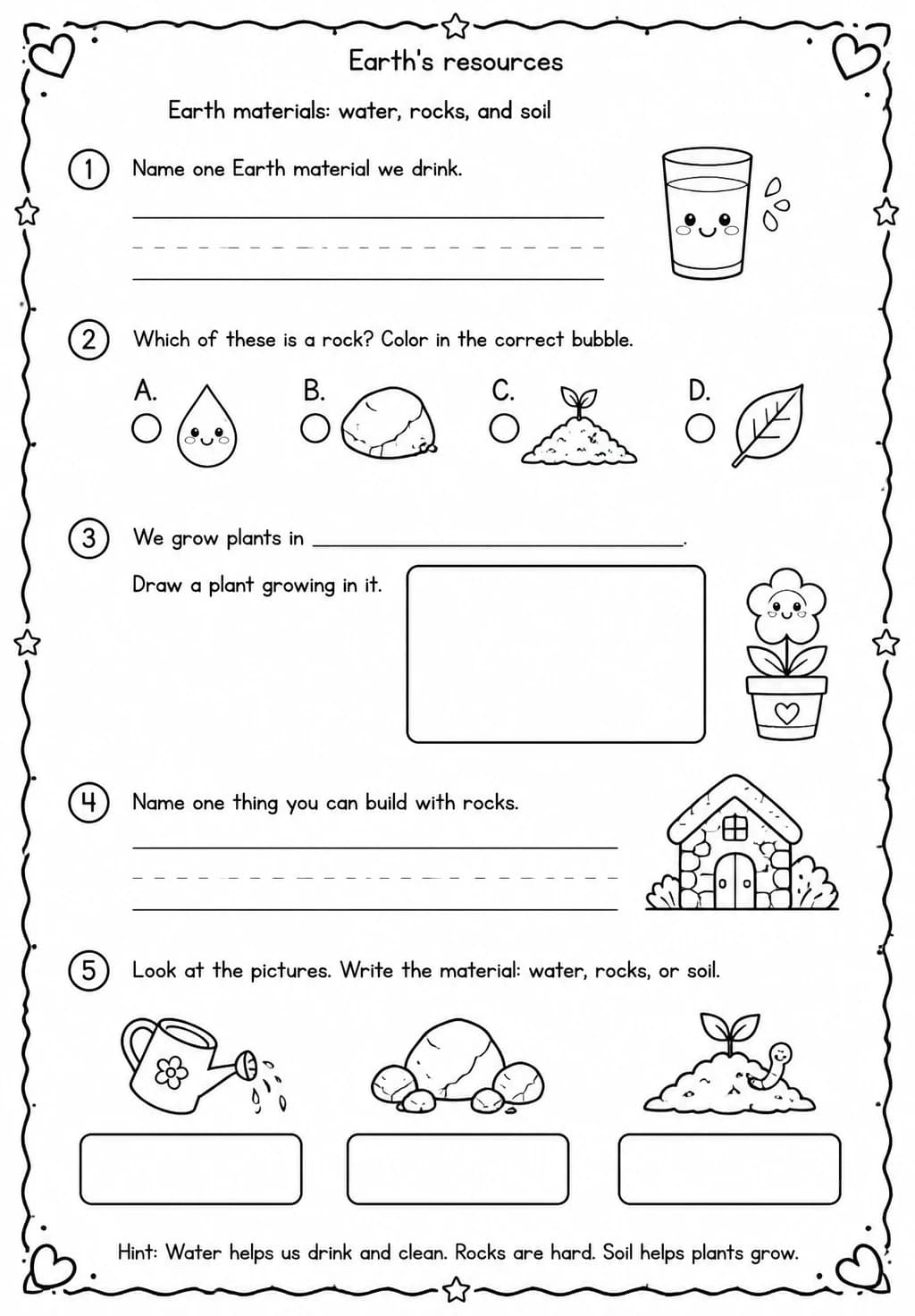 Earth materials: water, rocks, and soil — free printable Kindergarten Science worksheet