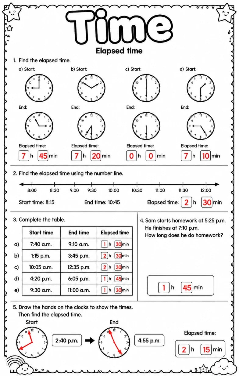 Answer key for Elapsed time — free printable Math worksheet