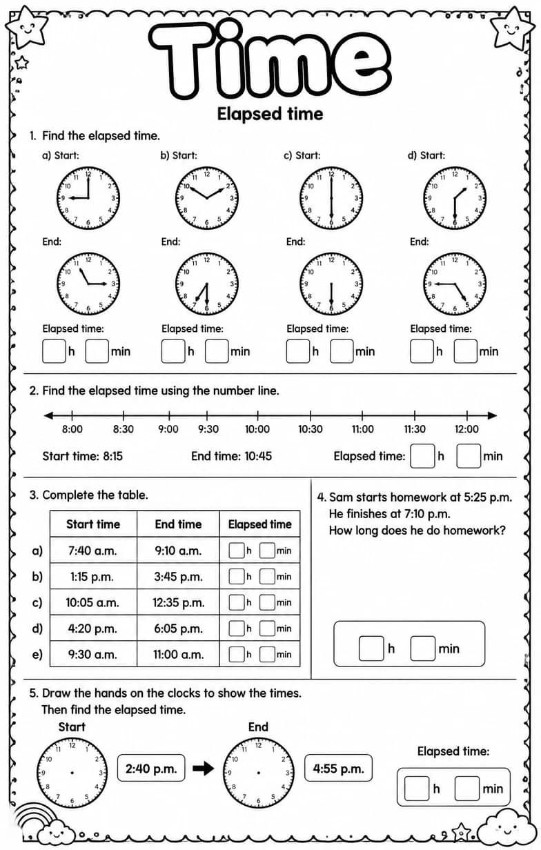 Elapsed time — free printable Grade 4 math worksheet