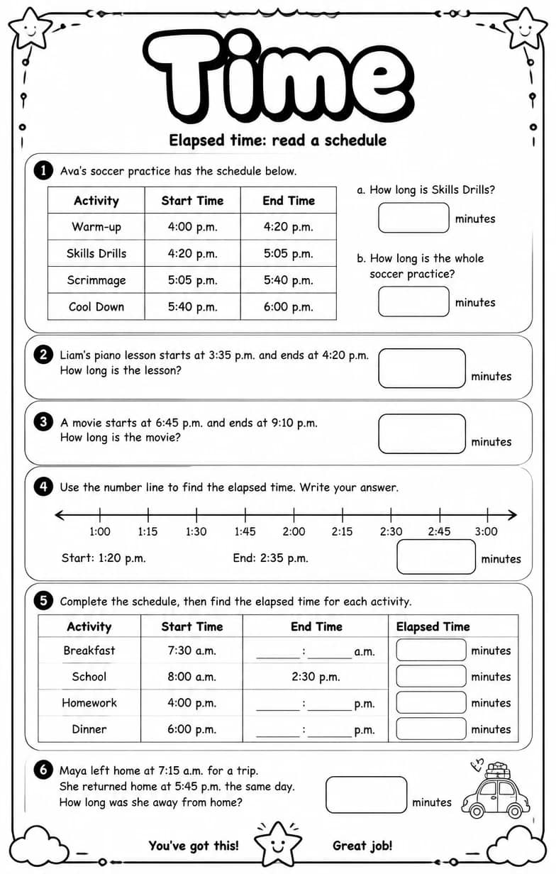 Elapsed time: read a schedule — free printable Grade 4 math worksheet