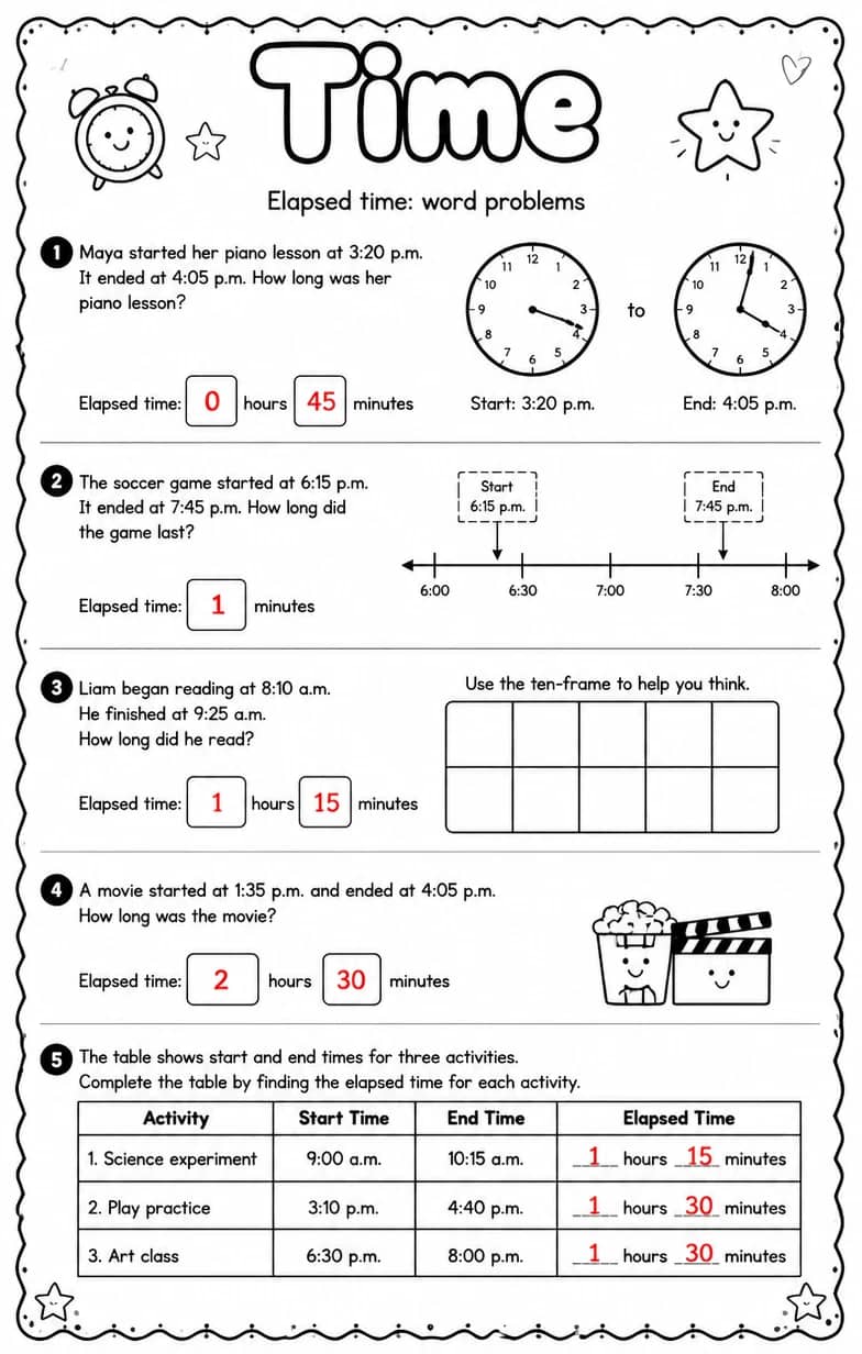 Answer key for Elapsed time: word problems — free printable Math worksheet