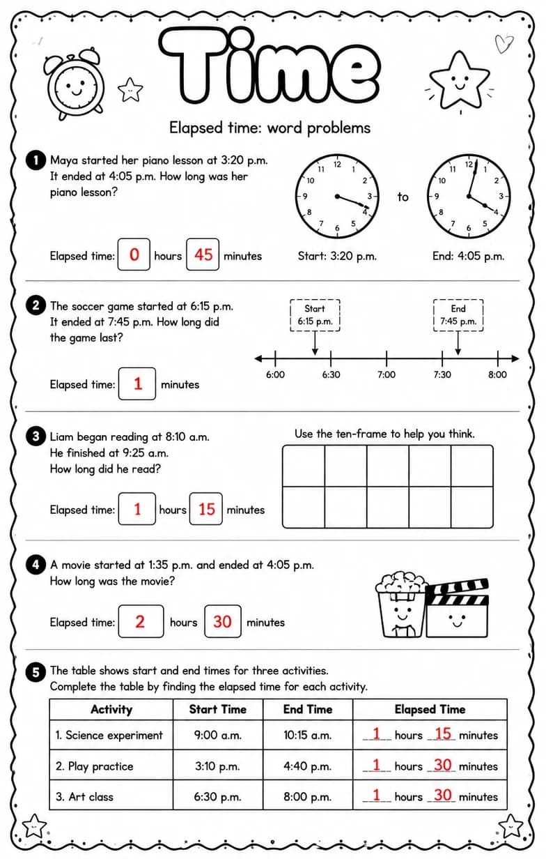 Answer key for Elapsed time: word problems — free printable Math worksheet