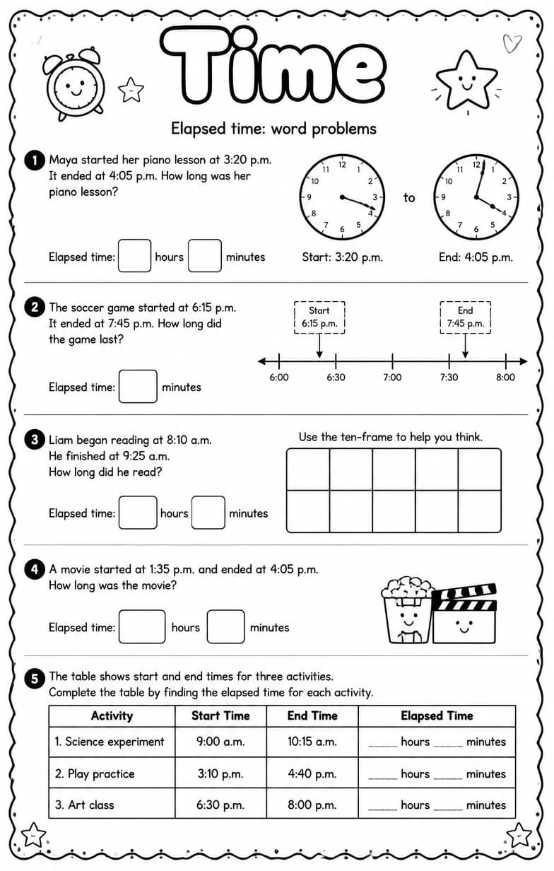 Elapsed time: word problems — free printable Grade 4 Math worksheet