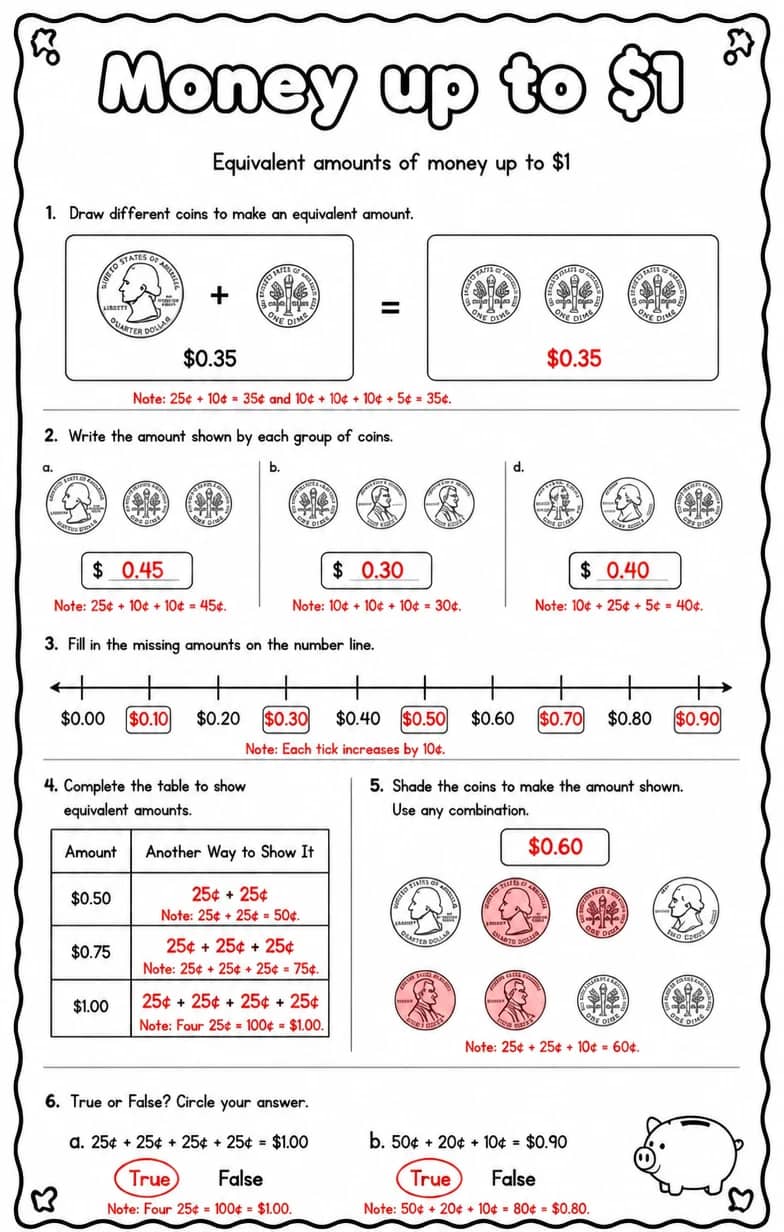 Answer key for Equivalent amounts of money up to $1 — free printable Math worksheet