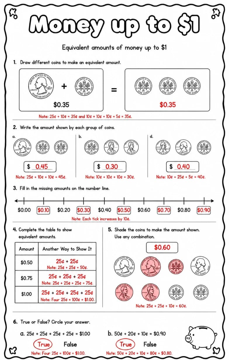 Answer key for Equivalent amounts of money up to $1 — free printable Math worksheet