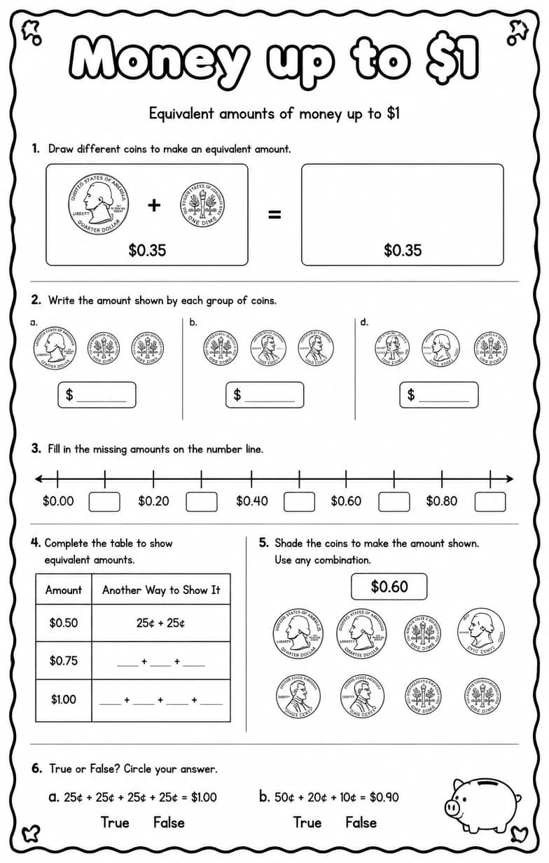 Equivalent amounts of money up to $1 — free printable Grade 2 math worksheet