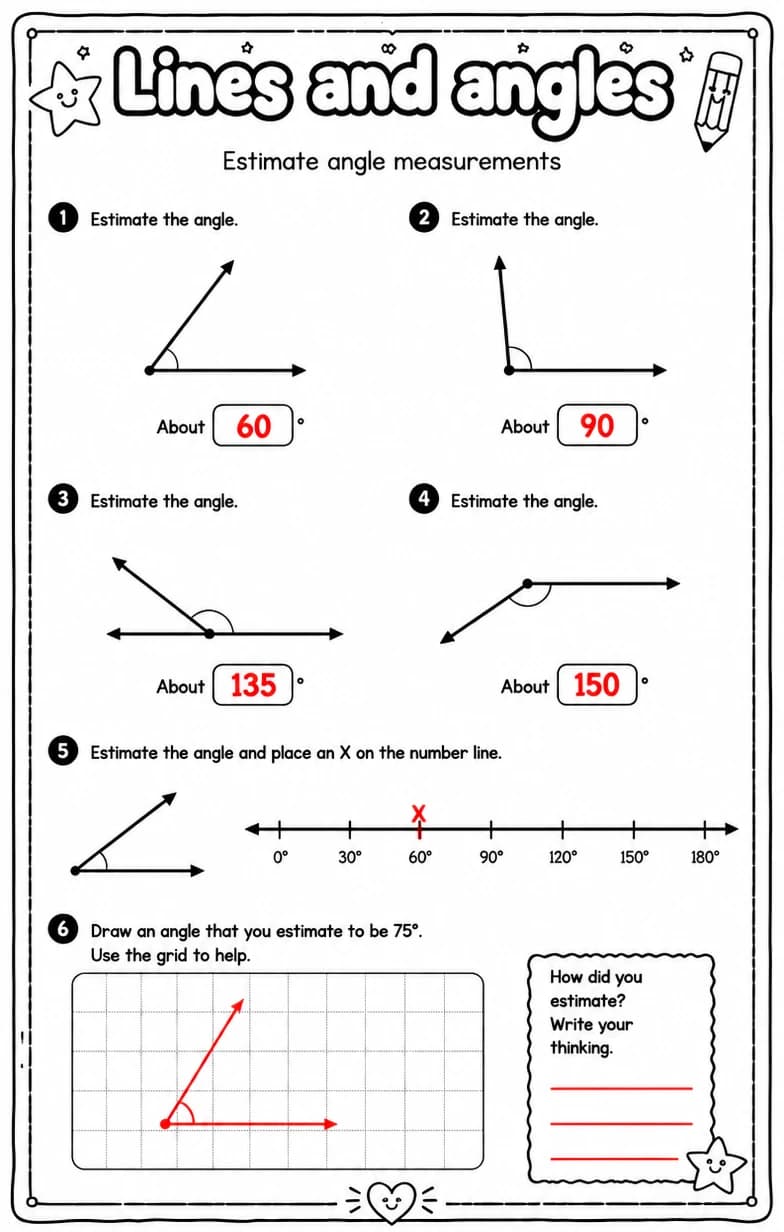 Answer key for Estimate angle measurements — free printable Math worksheet