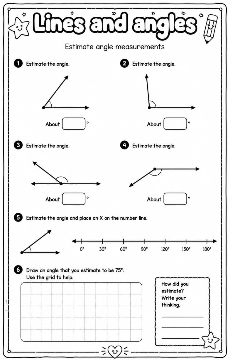 Estimate angle measurements — free printable Grade 6 math worksheet