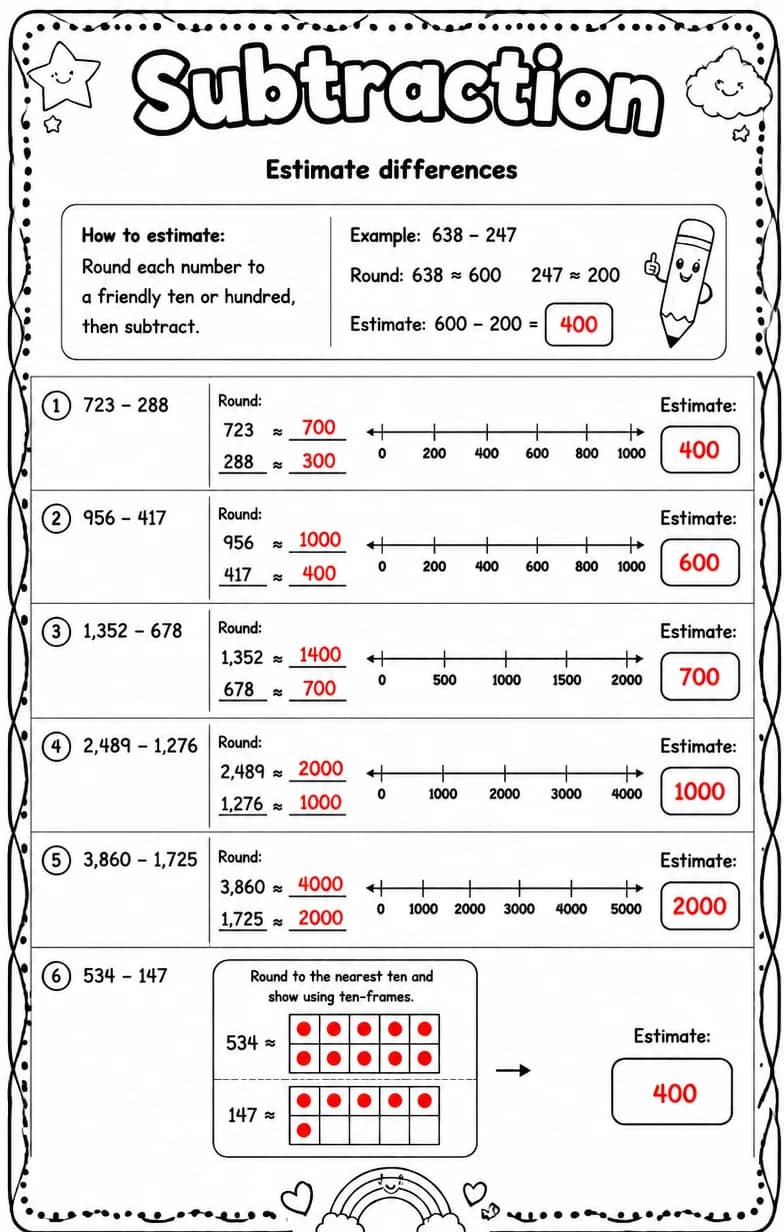 Answer key for Estimate differences — free printable Math worksheet