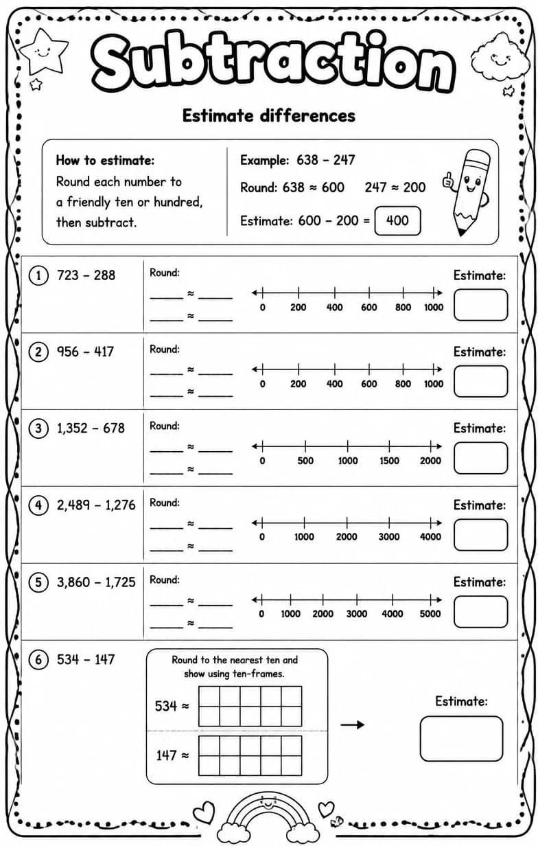 Estimate differences — free printable Grade 4 math worksheet