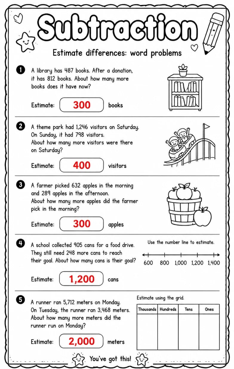 Answer key for Estimate differences: word problems — free printable Math worksheet