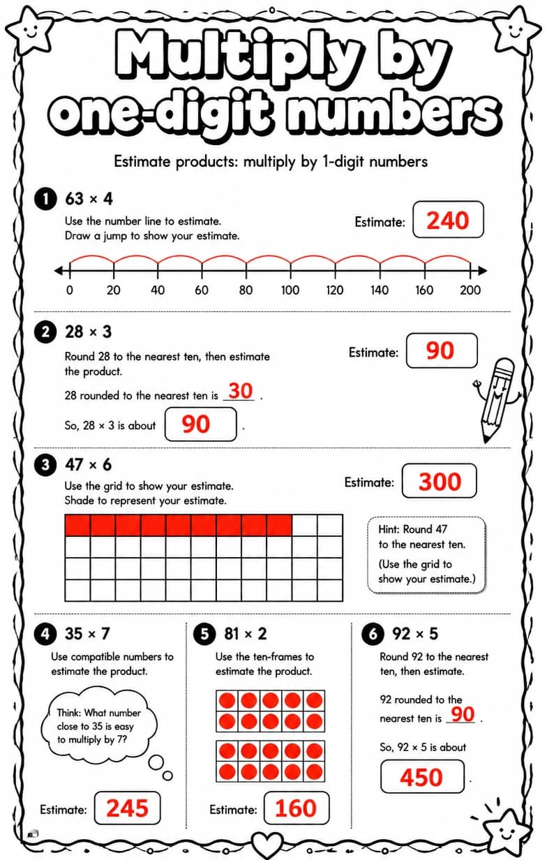 Answer key for Estimate products: multiply by 1-digit numbers — free printable Math worksheet