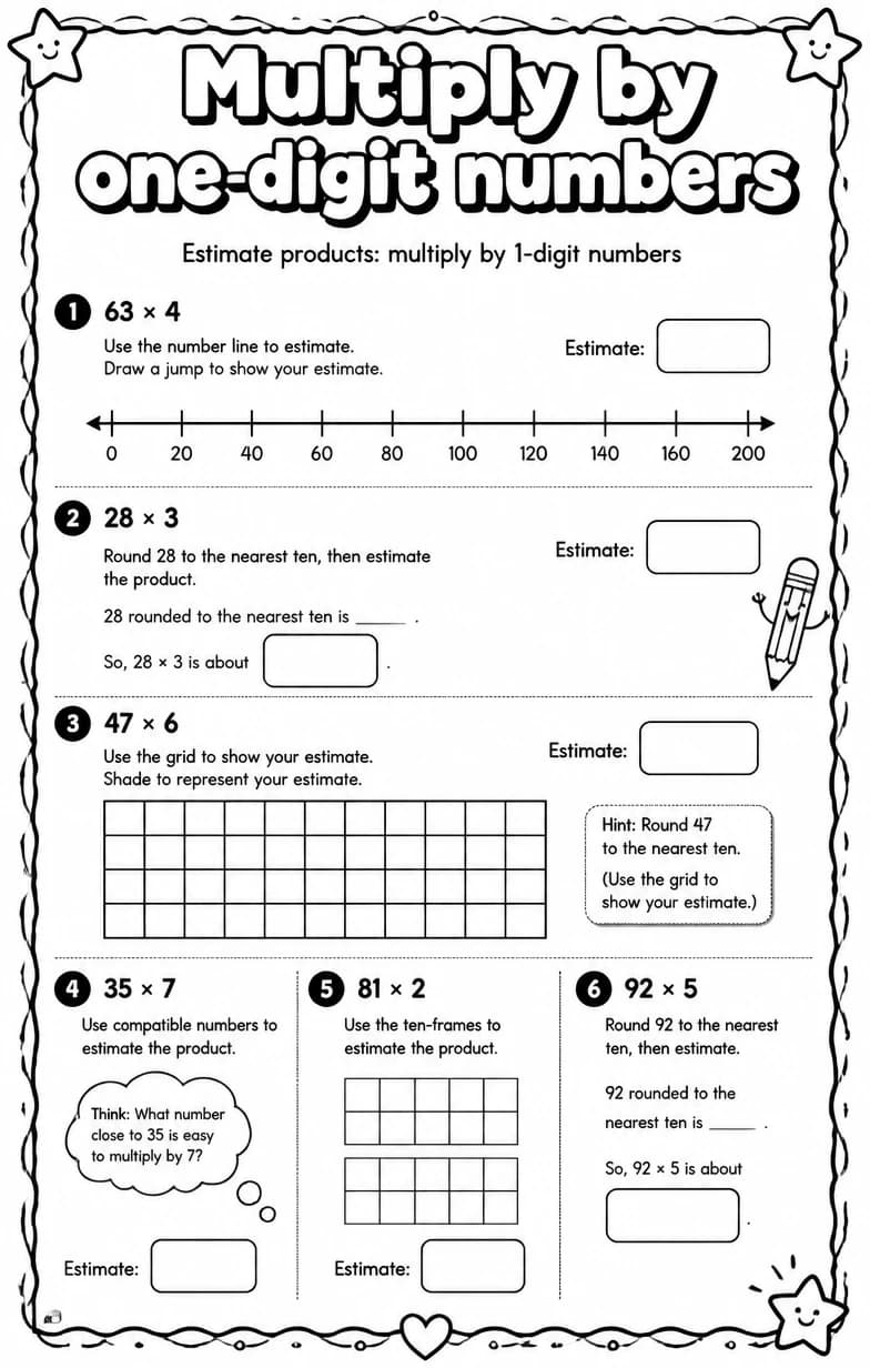 Estimate products: multiply by 1-digit numbers — free printable Grade 4 Math worksheet