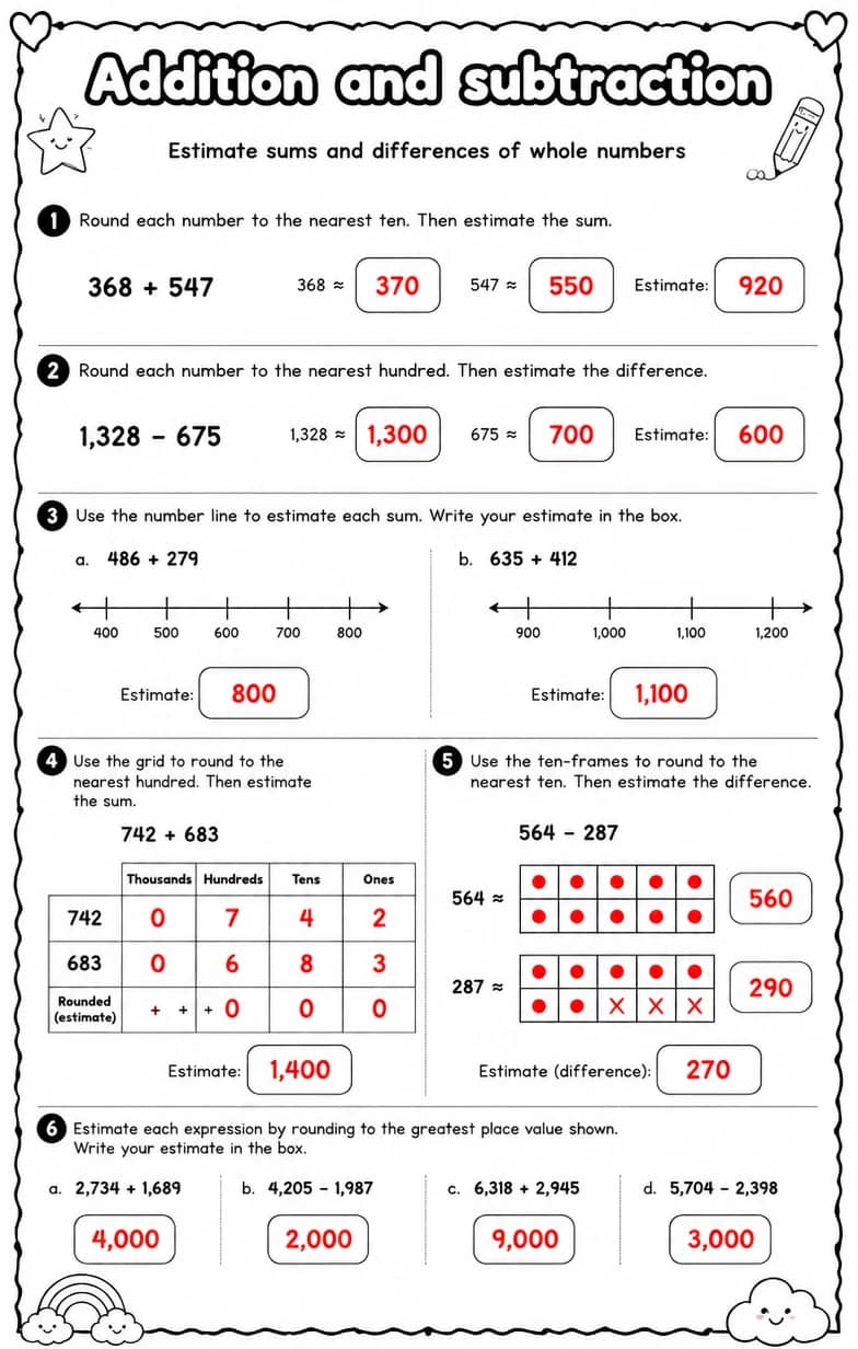 Answer key for Estimate sums and differences of whole numbers — free printable Math worksheet