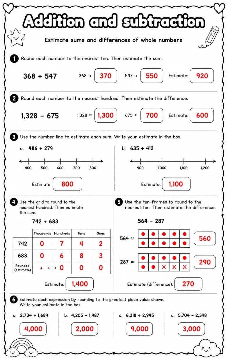 Answer key for Estimate sums and differences of whole numbers — free printable Math worksheet