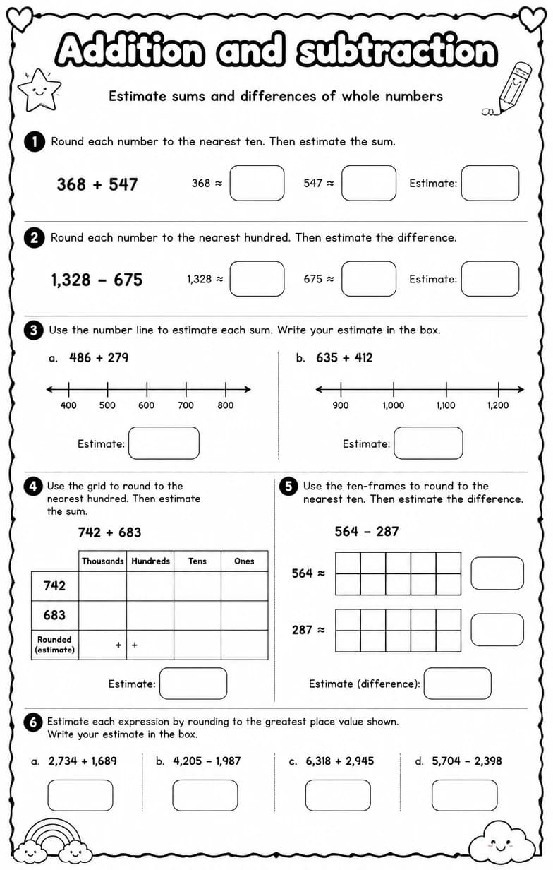 Estimate sums and differences of whole numbers — free printable Grade 5 Math worksheet