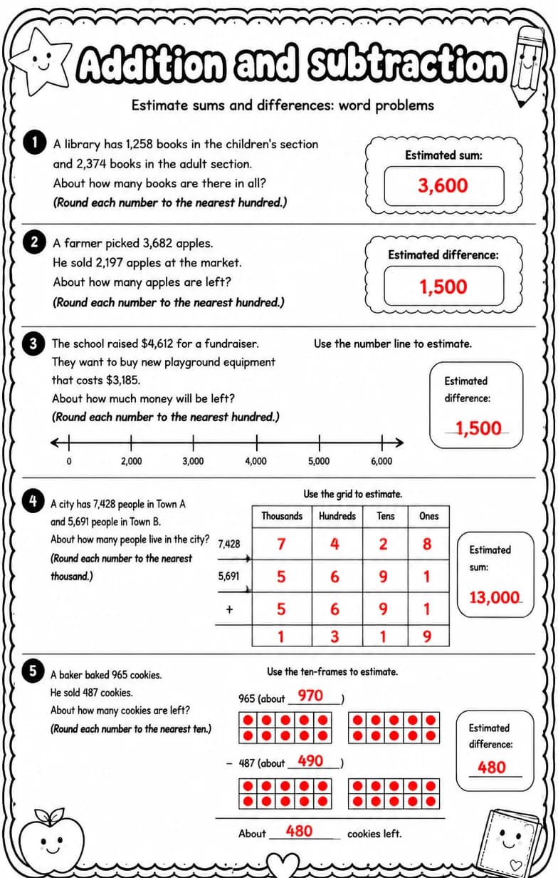 Answer key for Estimate sums and differences: word problems — free printable Math worksheet