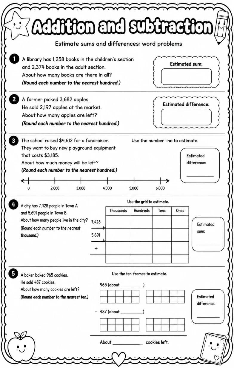 Estimate sums and differences: word problems — free printable Grade 5 math worksheet
