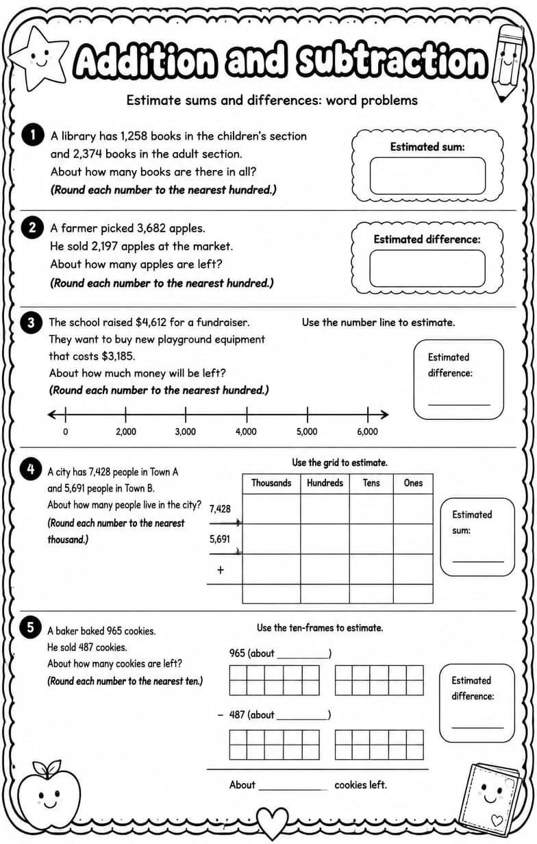 Estimate sums and differences: word problems — free printable Grade 5 math worksheet