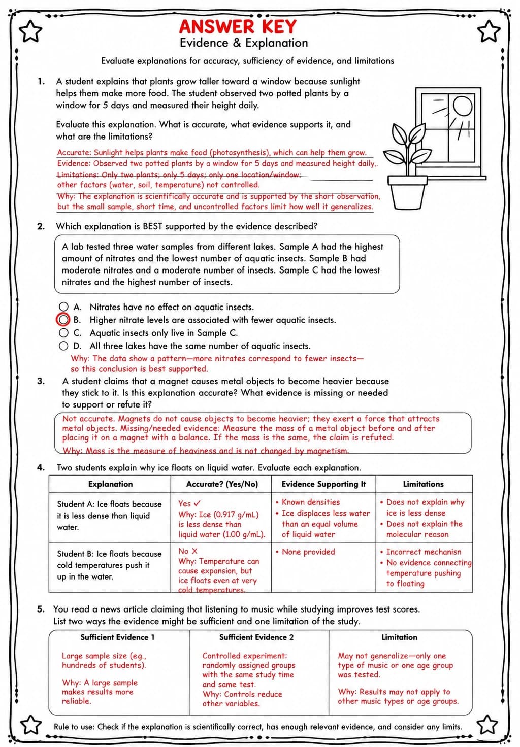 Answer key for Evaluate explanations for accuracy, sufficiency of evidence, and limitations — free printable Science worksheet