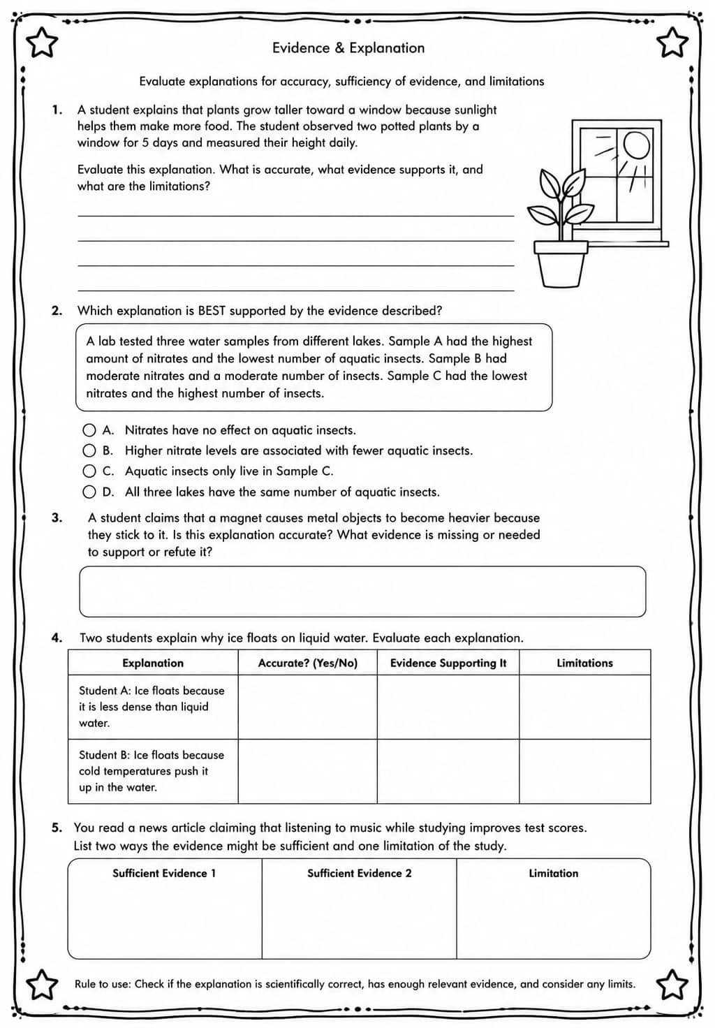 Evaluate explanations for accuracy, sufficiency of evidence, and limitations — free printable High School Science worksheet