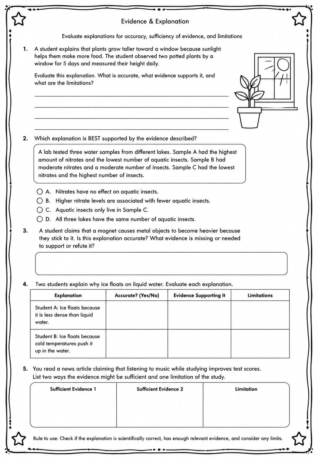 Evaluate explanations for accuracy, sufficiency of evidence, and limitations — free printable High School Science worksheet