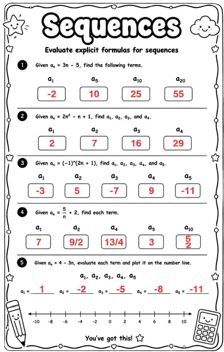 Answer key for Evaluate explicit formulas for sequences — free printable Math worksheet