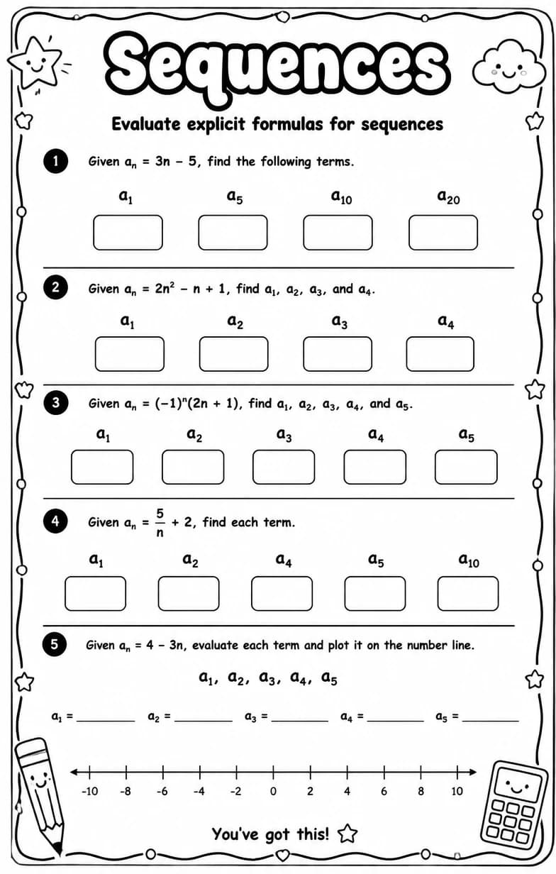 Evaluate explicit formulas for sequences — free printable Algebra 2 math worksheet