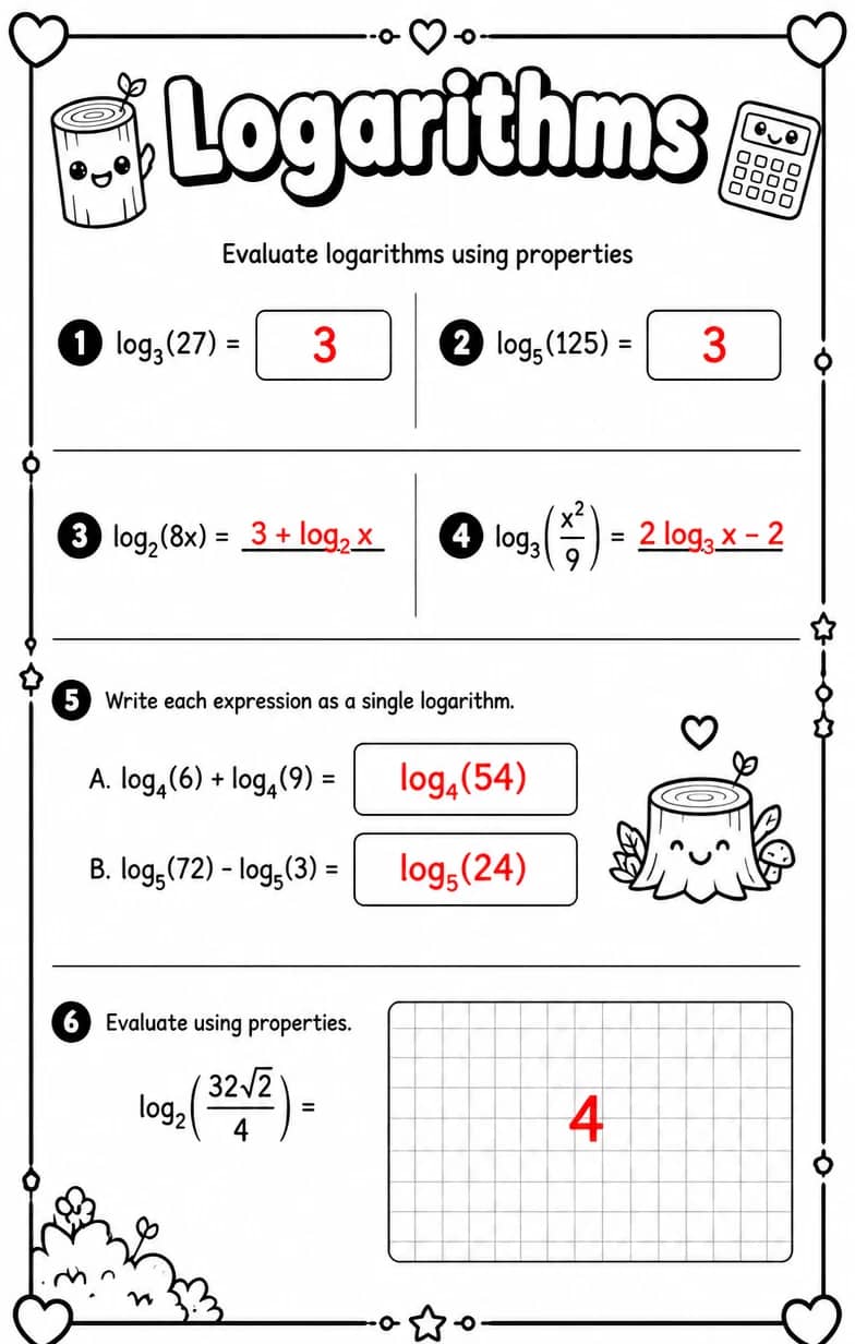 Answer key for Evaluate logarithms using properties — free printable Math worksheet