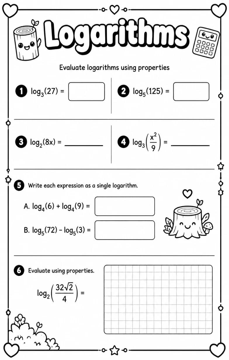 Evaluate logarithms using properties — free printable Algebra 2 math worksheet
