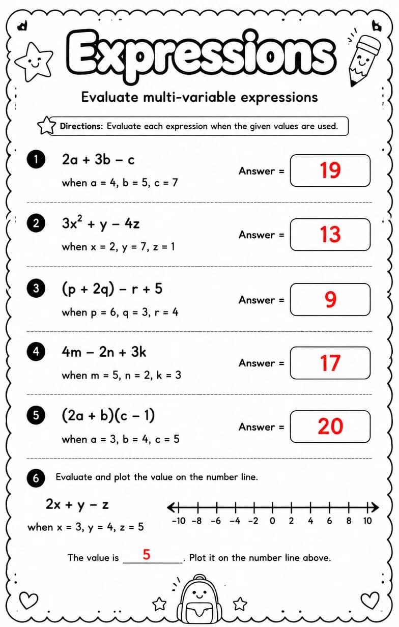Answer key for Evaluate multi-variable expressions — free printable Math worksheet