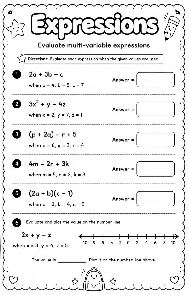 Evaluate multi-variable expressions — free printable Grade 6 math worksheet
