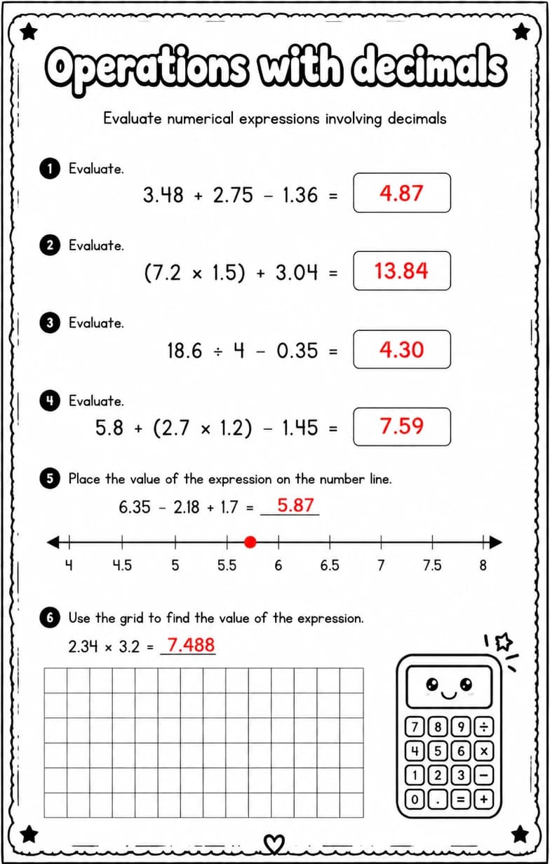 Answer key for Evaluate numerical expressions involving decimals — free printable Math worksheet