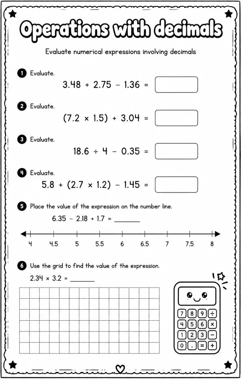 Evaluate numerical expressions involving decimals — free printable Grade 7 math worksheet
