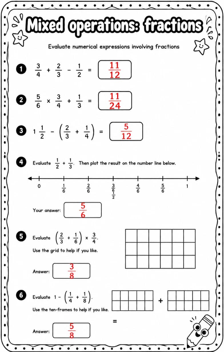 Answer key for Evaluate numerical expressions involving fractions — free printable Math worksheet
