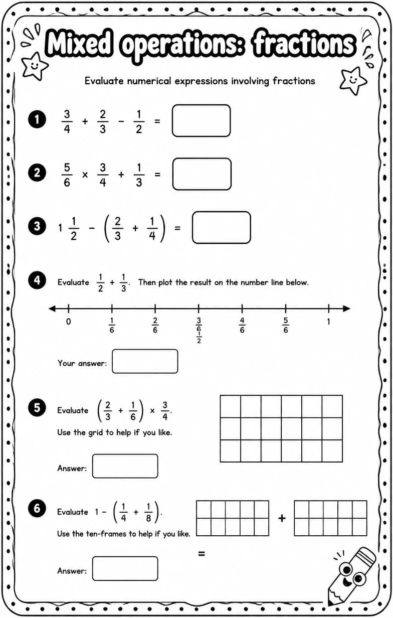 Evaluate numerical expressions involving fractions — free printable Grade 6 math worksheet