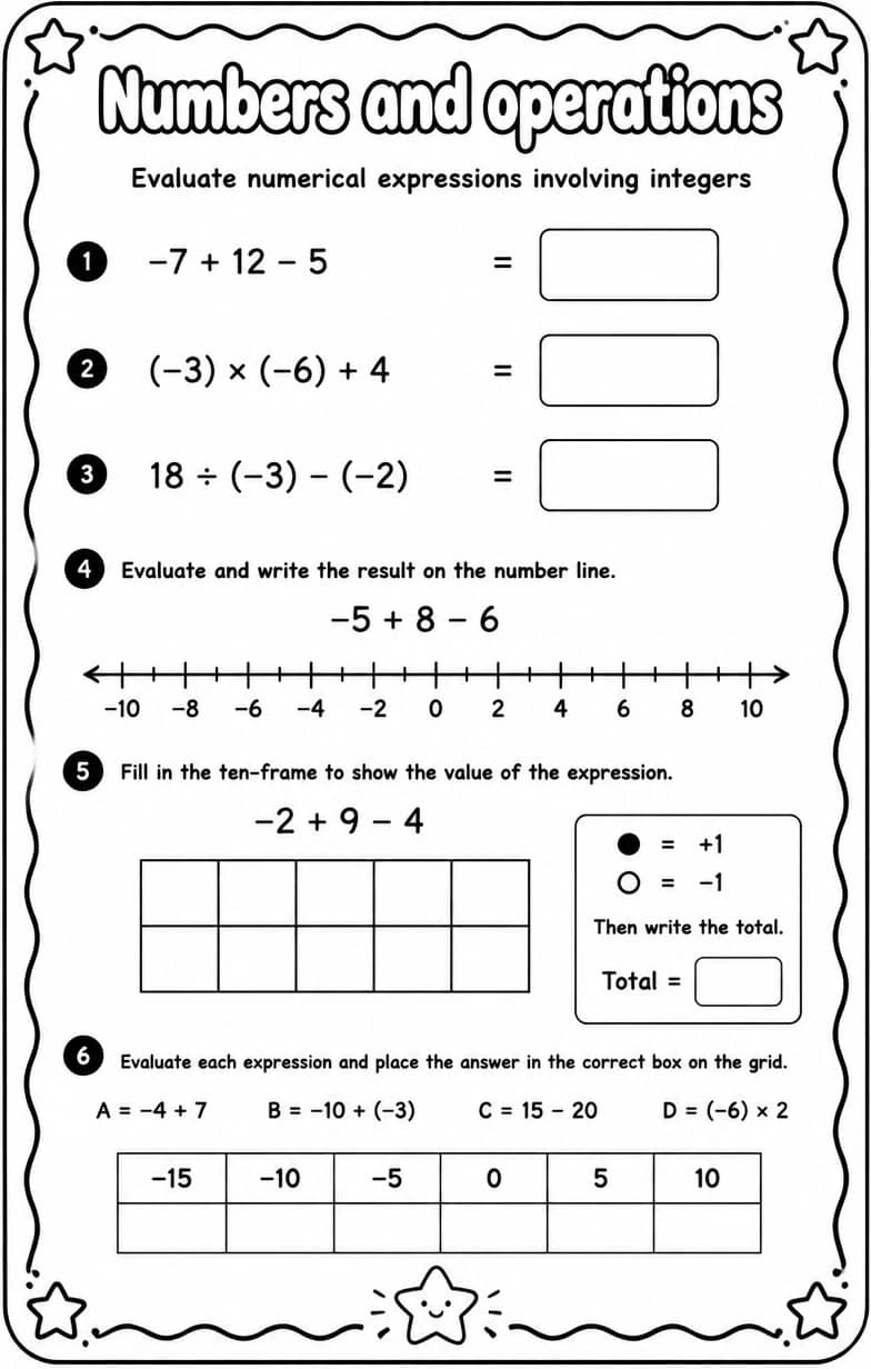 Evaluate numerical expressions involving integers — free printable Algebra 1 math worksheet