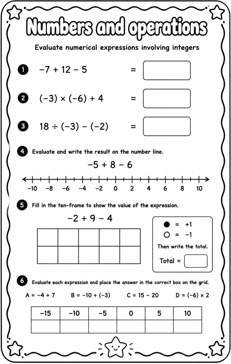 Evaluate numerical expressions involving integers — free printable Algebra 1 math worksheet