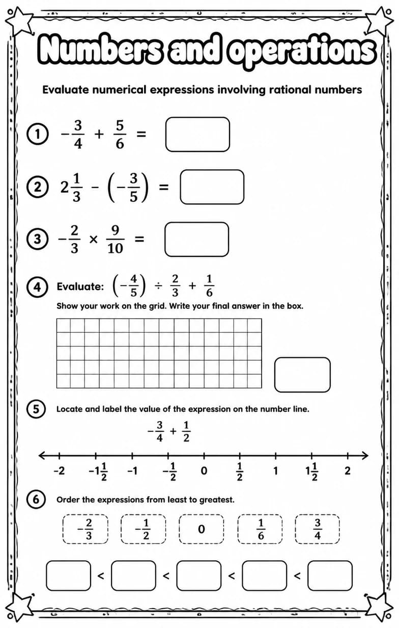 Evaluate numerical expressions involving rational numbers — free printable Algebra 1 math worksheet