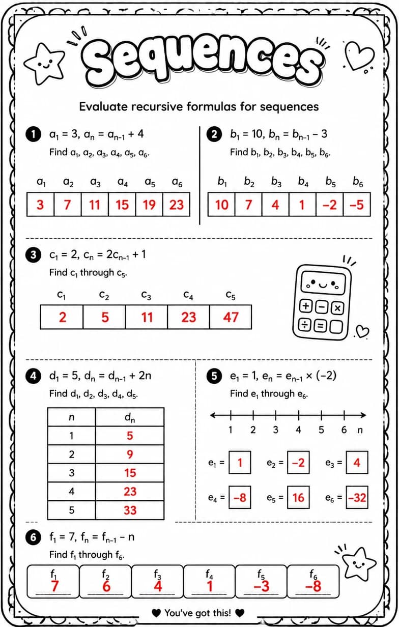 Answer key for Evaluate recursive formulas for sequences — free printable Math worksheet
