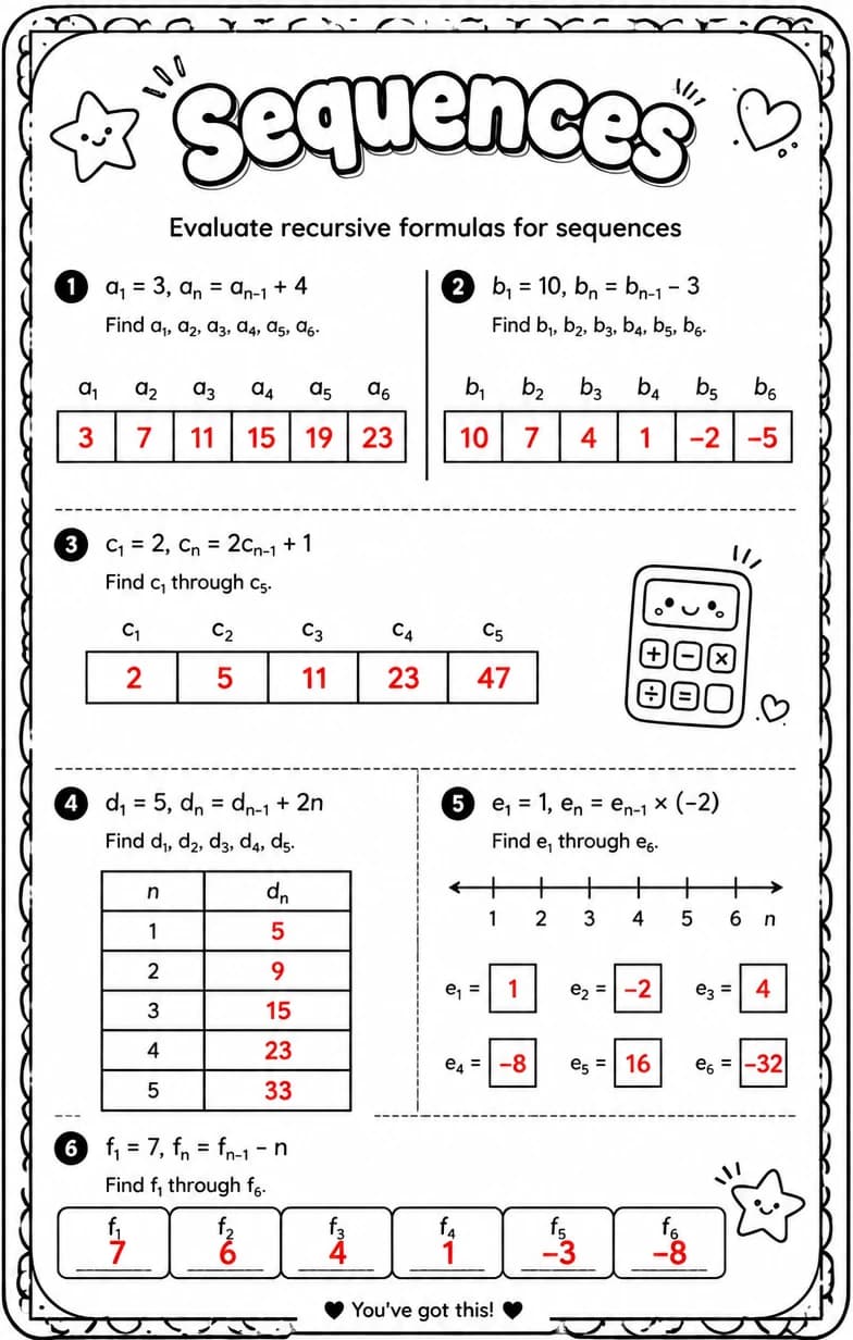 Answer key for Evaluate recursive formulas for sequences — free printable Math worksheet