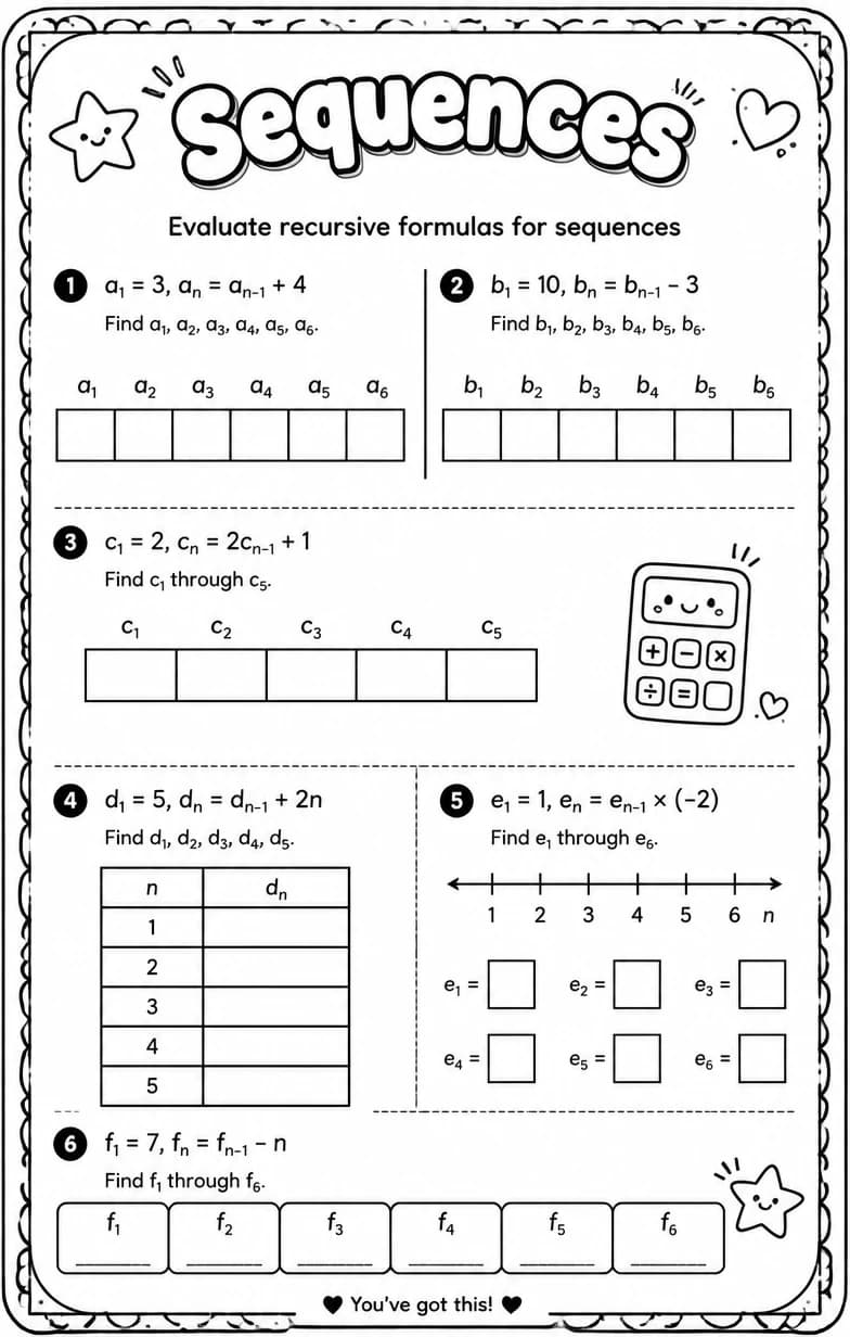Evaluate recursive formulas for sequences — free printable Algebra 1 math worksheet