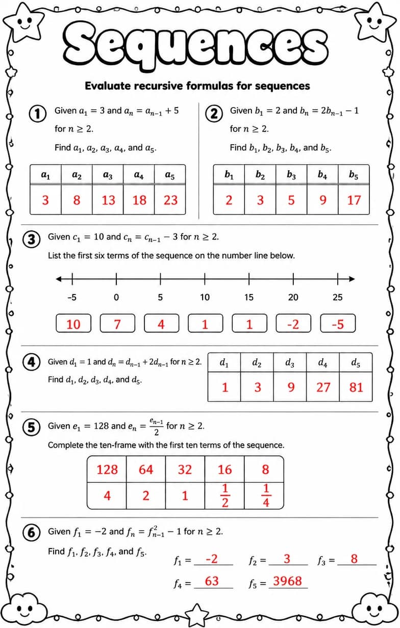 Answer key for Evaluate recursive formulas for sequences — free printable Math worksheet
