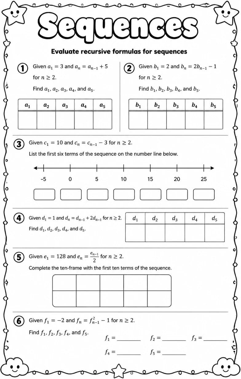 Evaluate recursive formulas for sequences — free printable High School Math worksheet