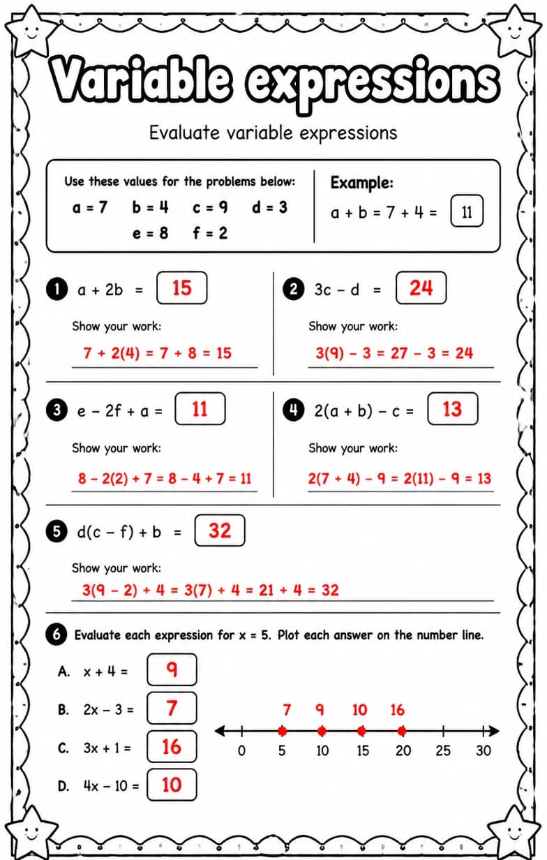 Answer key for Evaluate variable expressions — free printable Math worksheet