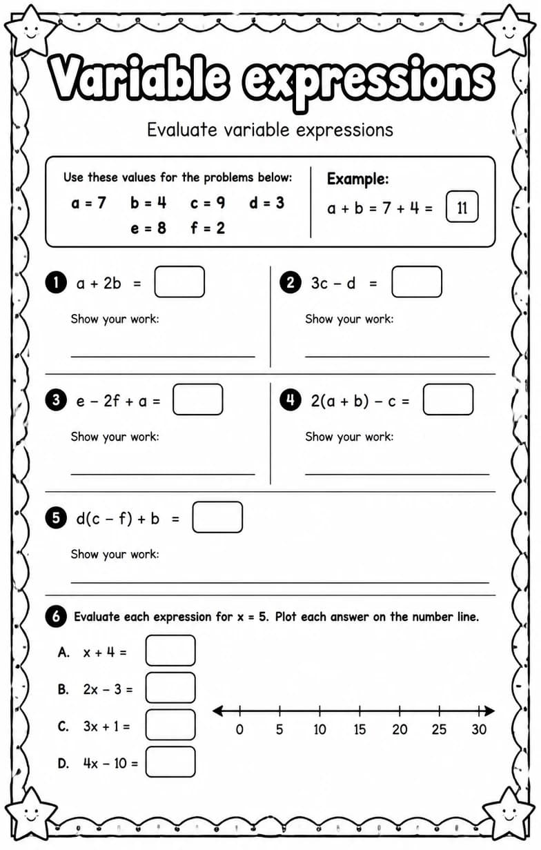 Evaluate variable expressions — free printable Grade 5 math worksheet