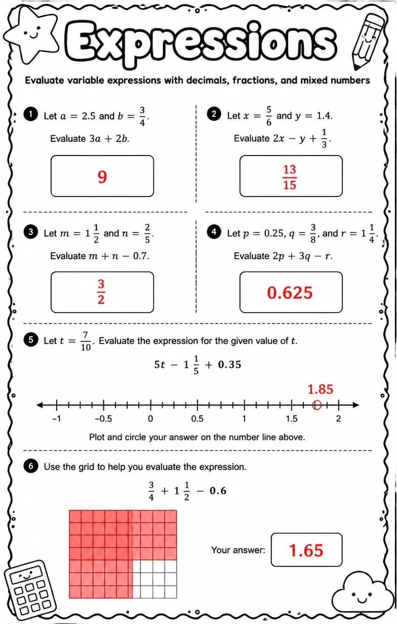 Answer key for Evaluate variable expressions with decimals, fractions, and mixed numbers — free printable Math worksheet