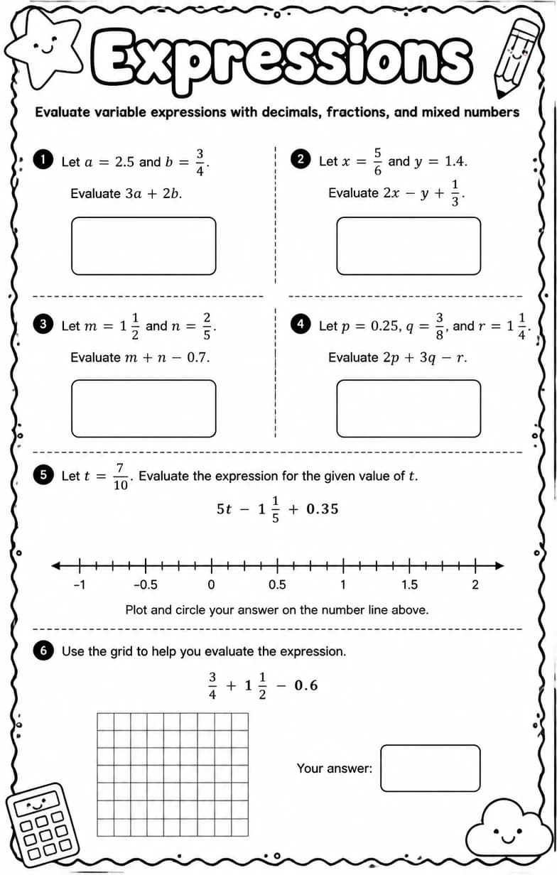 Evaluate variable expressions with decimals, fractions, and mixed numbers — free printable Grade 6 math worksheet